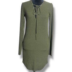 Forever 21 Khaki Green Ribbed Tie Front Bodycon Long Sleeve Mini Dress